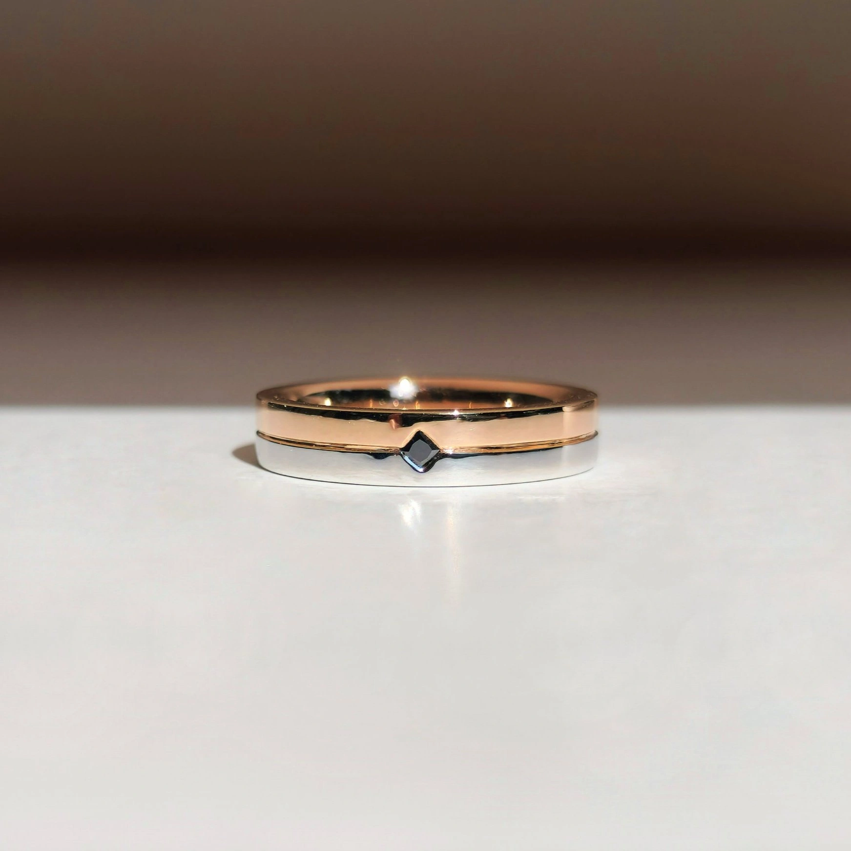 Men’s Black Diamond Wedding Ring in 18k Rose Gold and White Gold