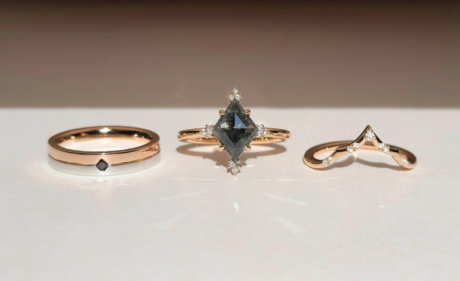 Men’s Black Diamond Wedding Ring in 18k Rose Gold and White Gold