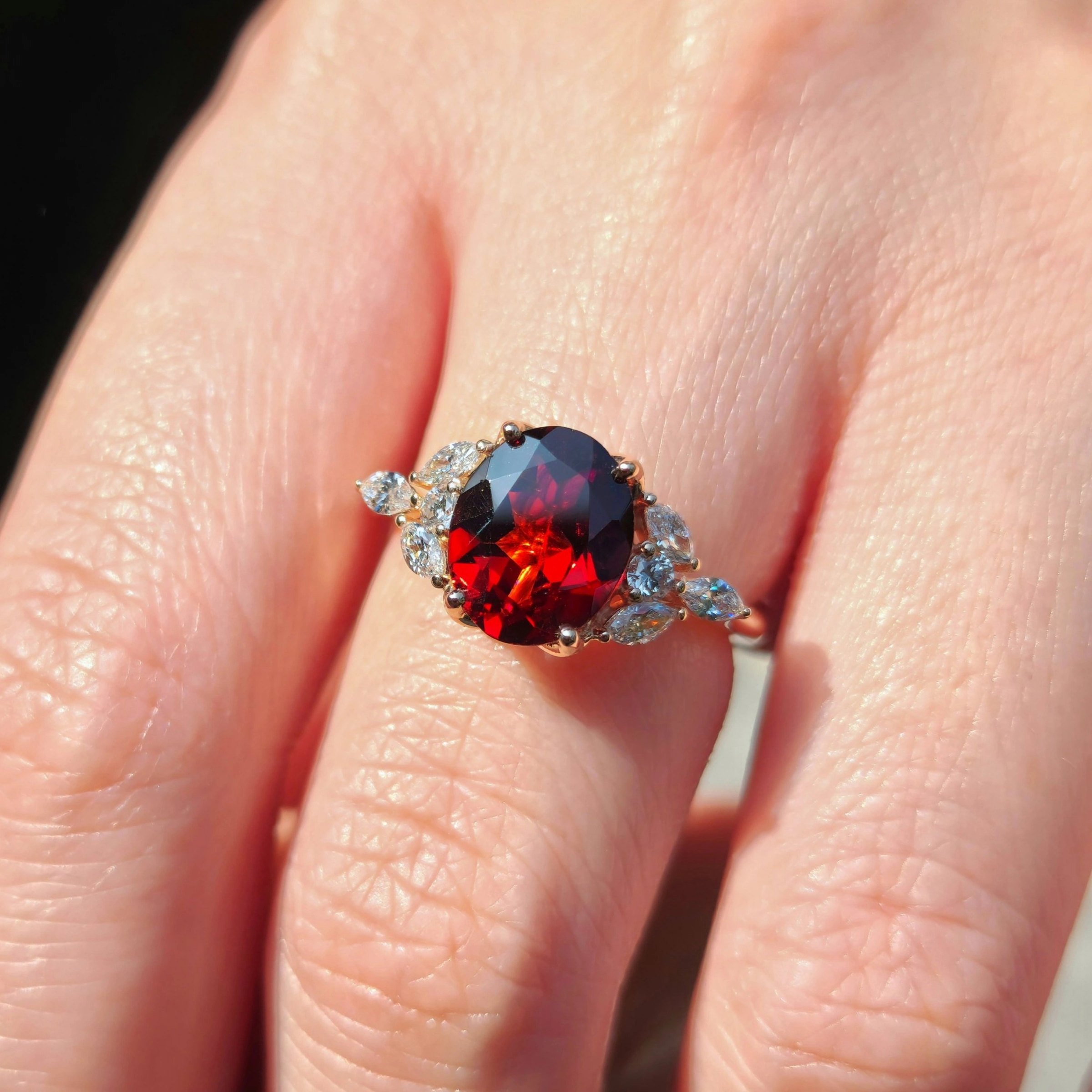 Red Garnet Ring with Diamonds in 18k Rose Gold