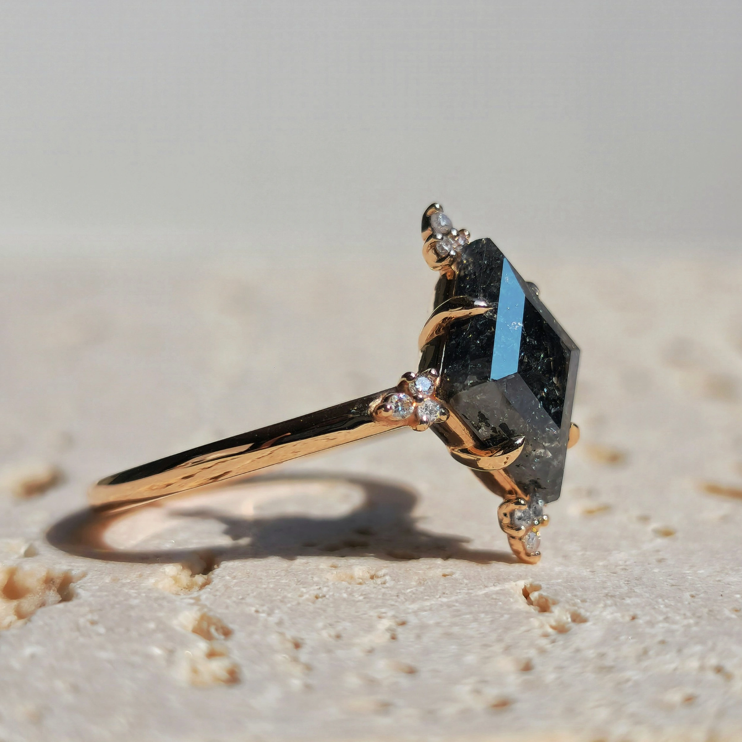 Salt and Pepper Kite Diamond Engagement Ring in 18k Rose Gold
