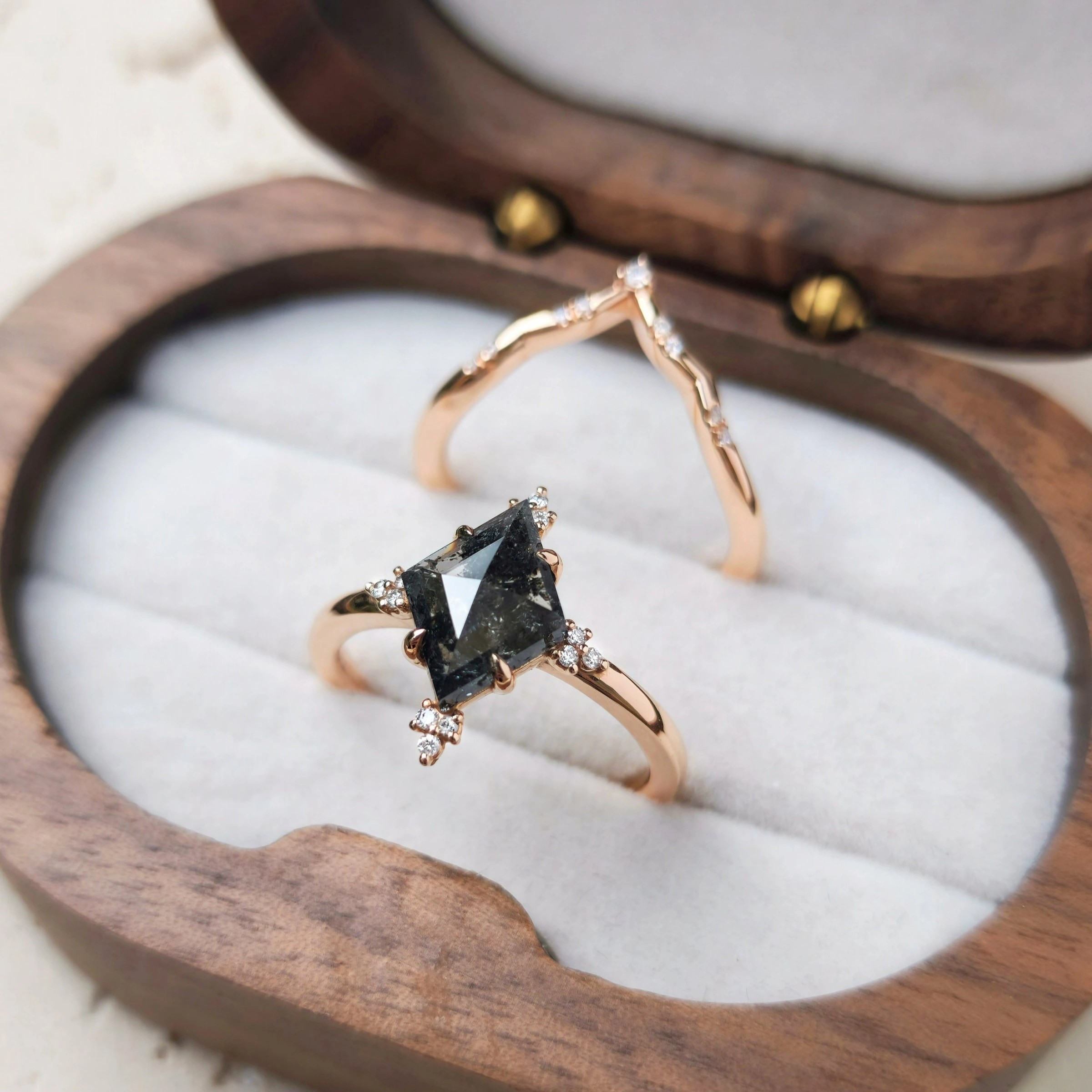 Salt and Pepper Kite Diamond Engagement Ring in 18k Rose Gold