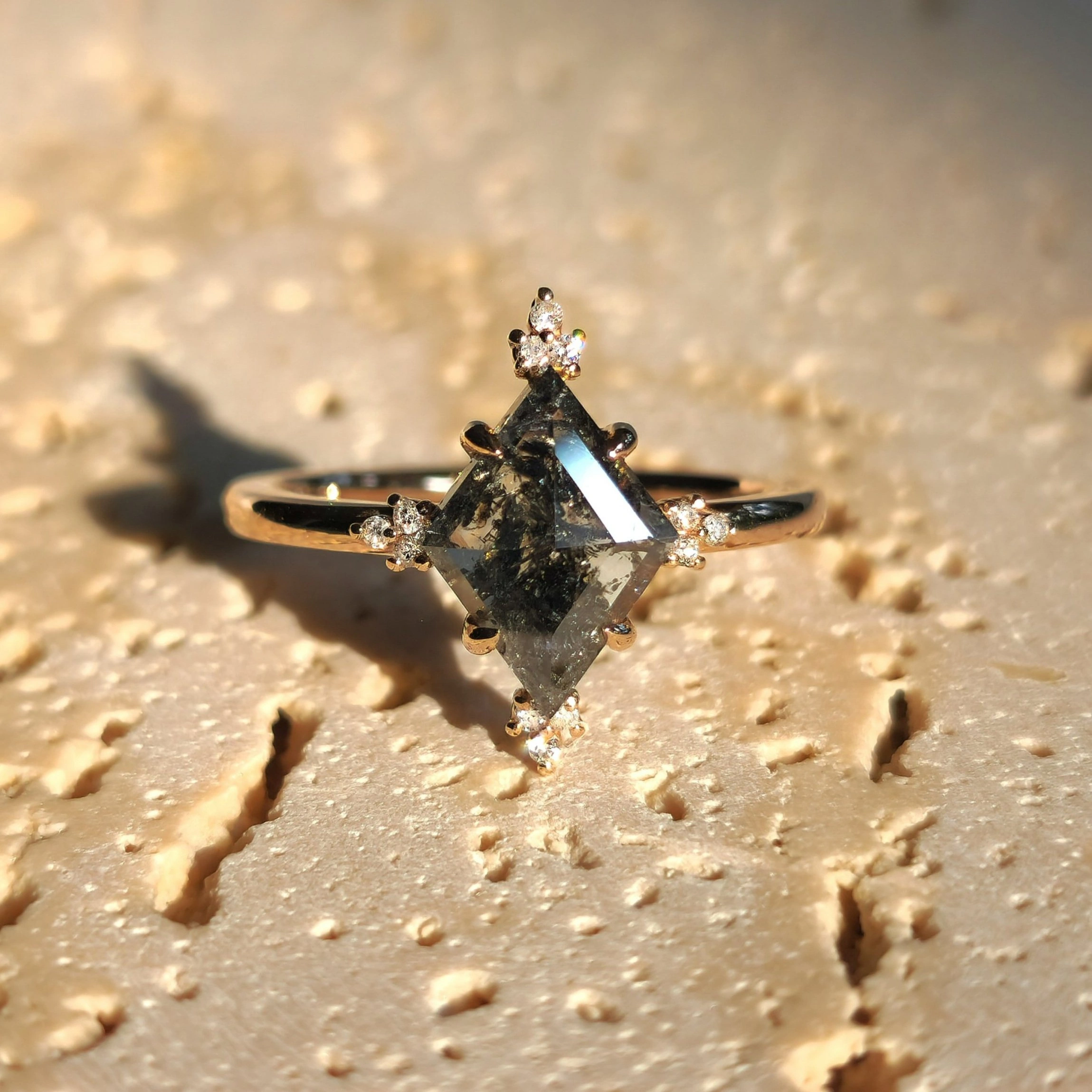 Salt and Pepper Kite Diamond Engagement Ring in 18k Rose Gold