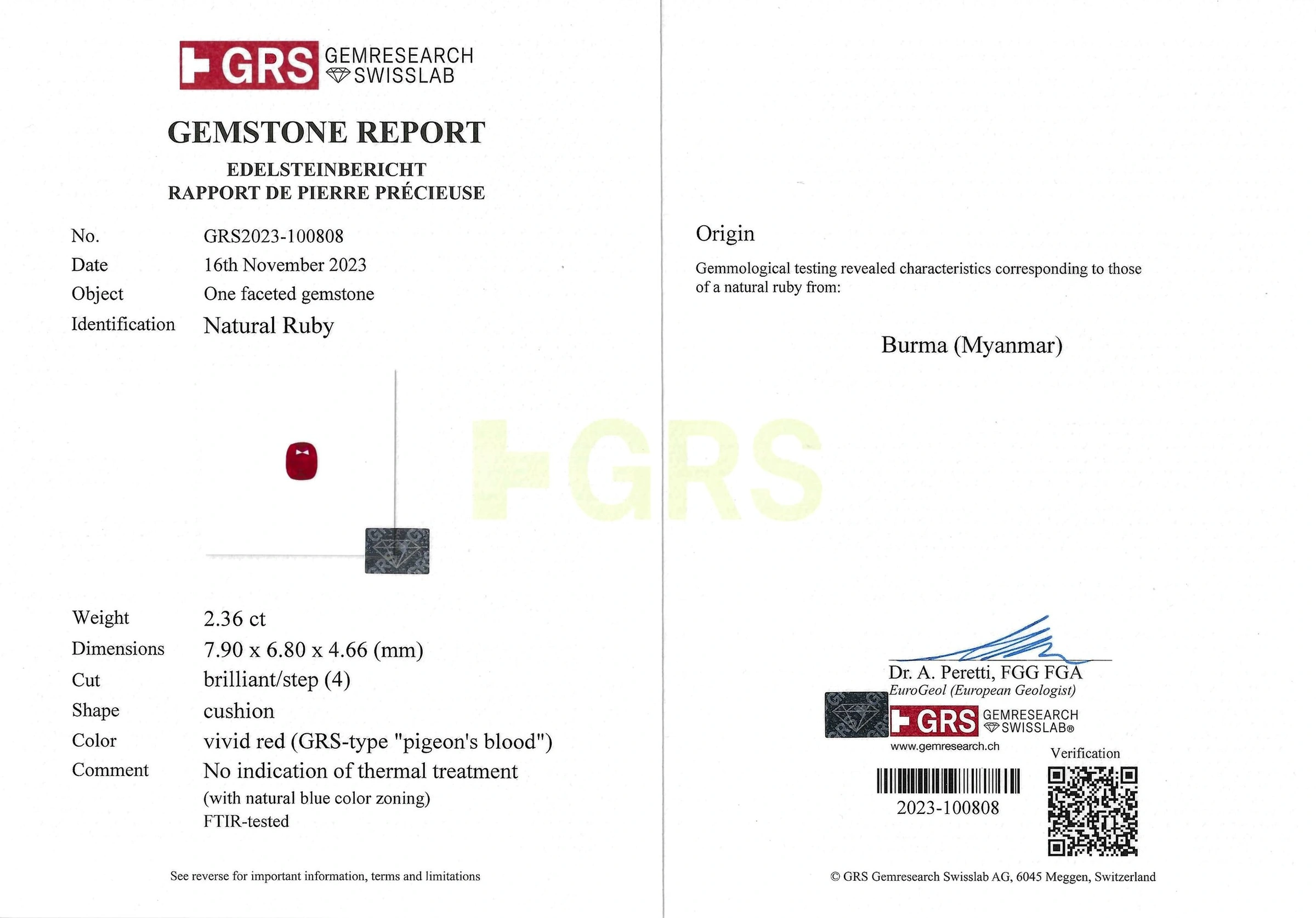 Pigeon's Blood Ruby 2.36ct, Burma (Myanmar) with Certificate