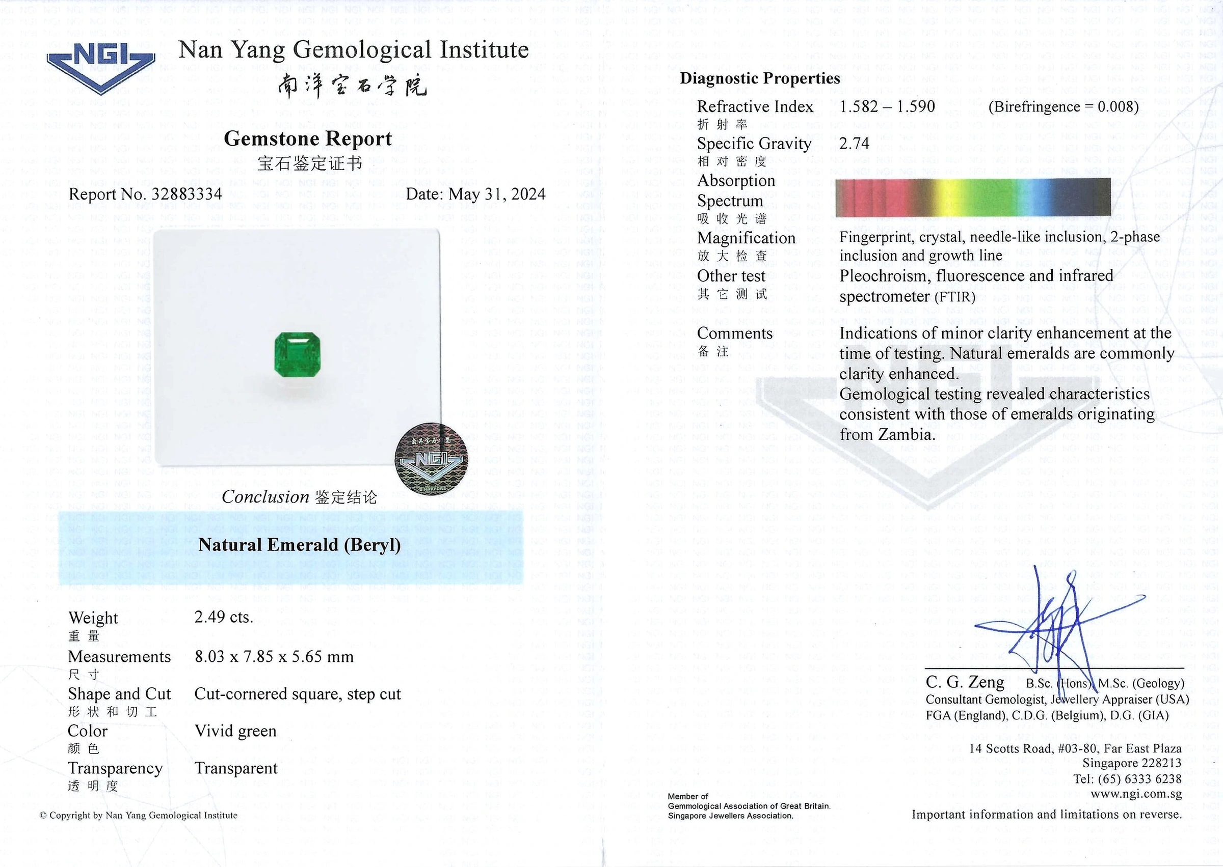 Vivid Green Emerald 2.49ct, Zambia with Certificate